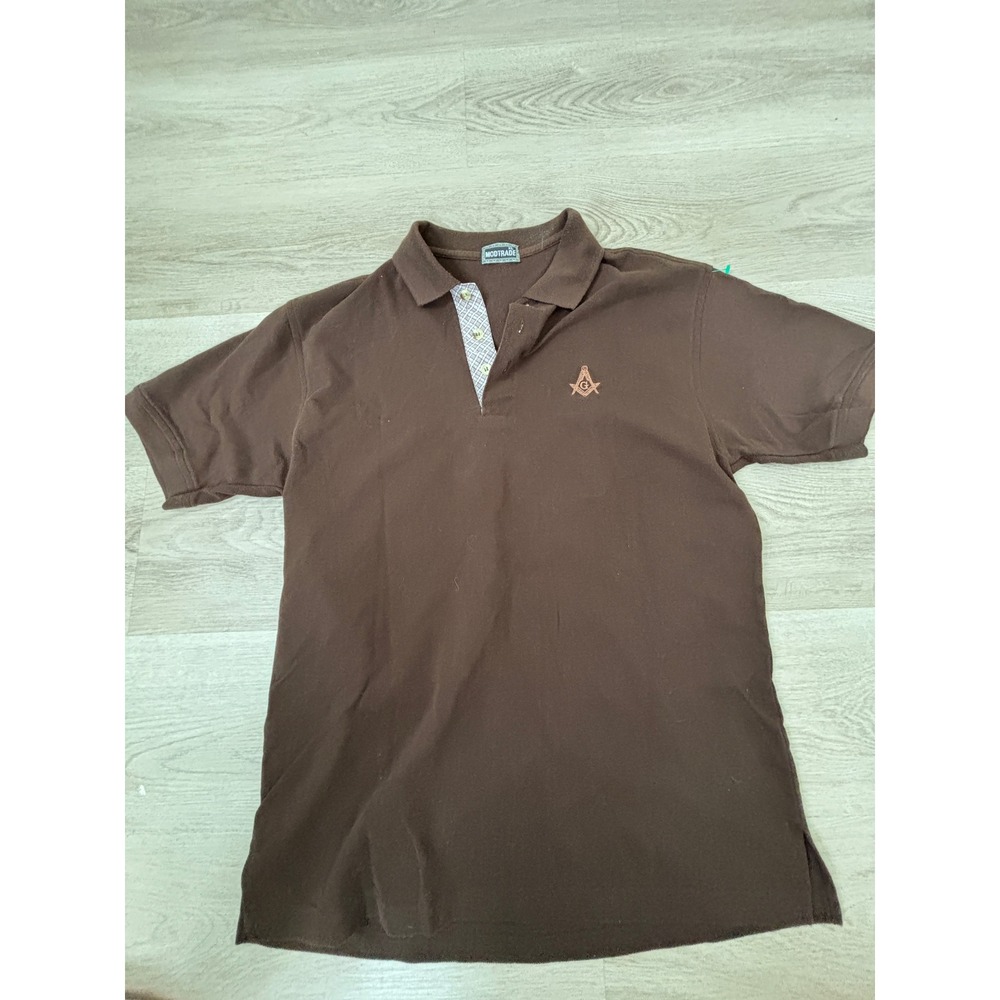 Modtrade Mens Brown Short Sleeve Freemason Logo Polo Shirt XL Plaid Trim